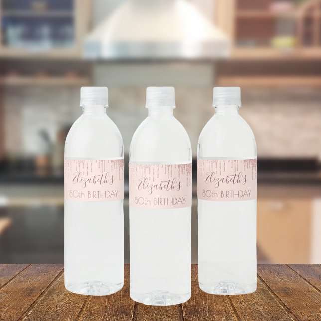 Birthday party rose gold glitter drips name water bottle label (Creator Uploaded)