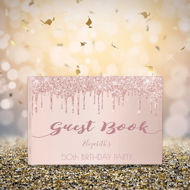 Birthday party rose gold glitter drips pink 50 guest book (Creator Uploaded)