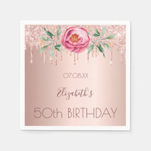 Birthday party rose gold glitter drips pink floral napkin