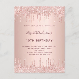 Birthday party rose gold glitter drips pink luxury invitation postcard