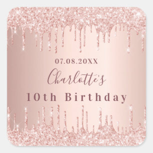 Birthday party rose gold glitter drips pink luxury square sticker