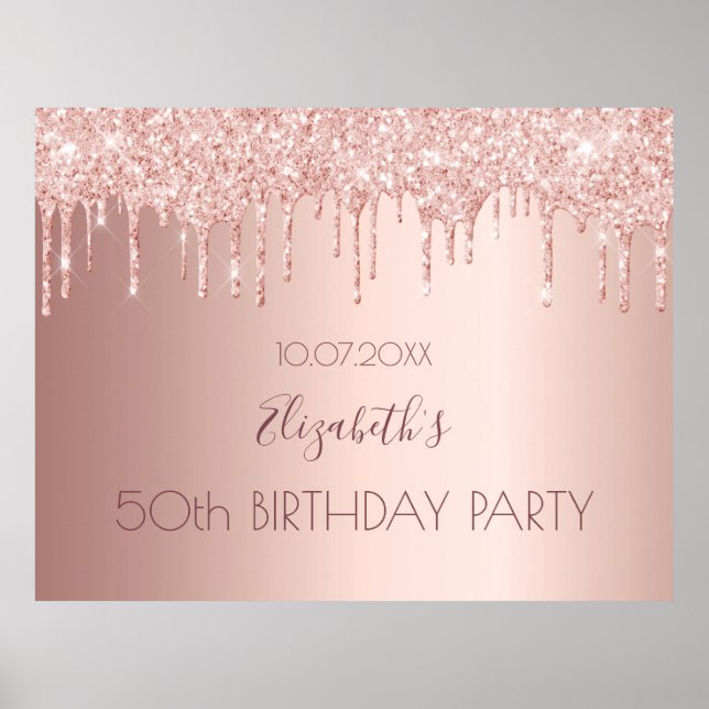 Birthday party rose gold glitter drips poster (Front)