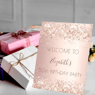 Birthday party rose gold glitter dust welcome pedestal sign