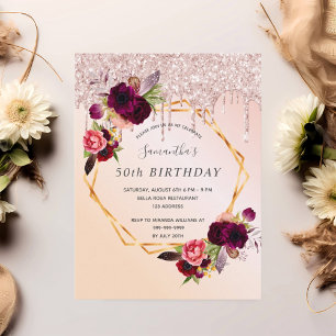 Birthday party rose gold glitter floral invitation postcard