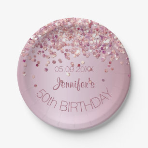 Birthday party rose gold glitter glamour pink paper plate