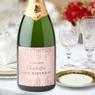 Birthday party rose gold glitter monogram sparkling wine label