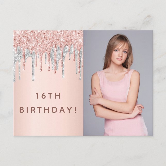 Birthday party rose gold glitter photo invitation postcard (Front)