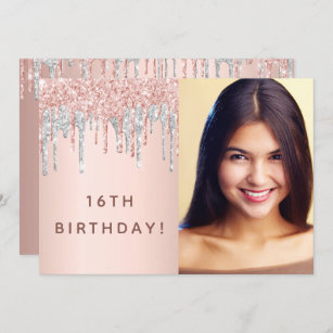 Birthday party rose gold glitter photo pink silver invitation