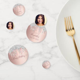 Birthday party rose gold glitter photo silver confetti