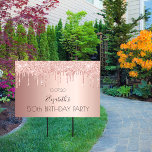 Birthday party rose gold glitter pink drive-by garden sign<br><div class="desc">An outdoor sign celebrating a 50th (or any age)milestone birthday. A faux rose gold metallic looking background with an elegant faux rose gold and pink glitter drips, paint dripping look. The text: Personalize and add a name written in dark burgundy with a modern hand lettered style script. Templates for a...</div>