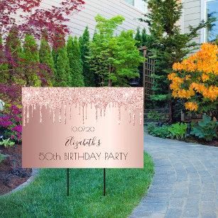 Birthday party rose gold glitter pink drive-by garden sign