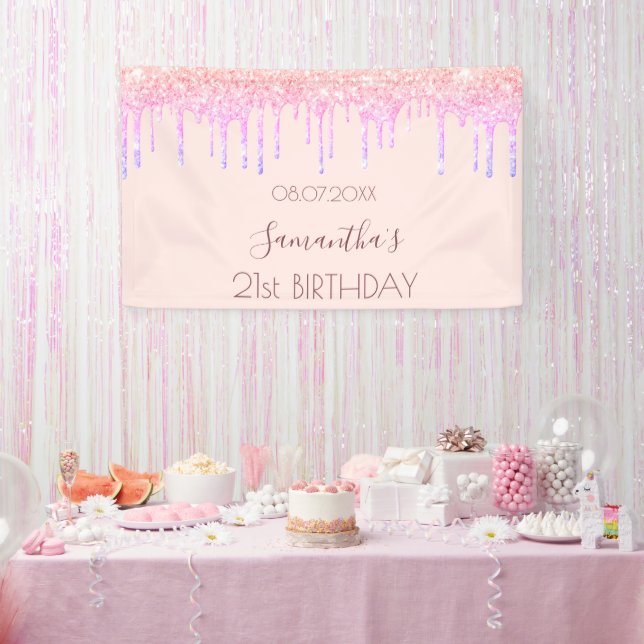Birthday party rose gold glitter rainbow pink banner (Party)