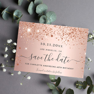 Birthday party rose gold glitter save the date