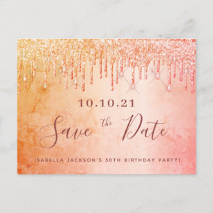 Birthday party rose gold glitter save the date postcard