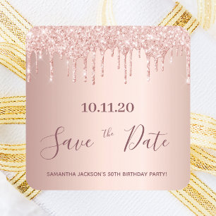 Birthday Party rose gold glitter save the date Square Sticker