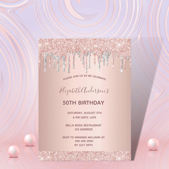 Birthday party rose gold glitter silver invitation postcard (Creator Uploaded)