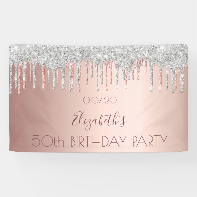 Birthday party rose gold glitter silver sparkle banner (Horizontal)