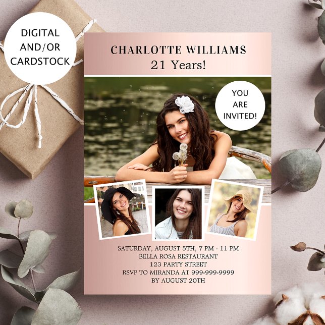 Birthday party rose gold photo collage invitation (Creator Uploaded)