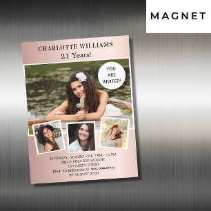 Birthday party rose gold photo collage luxury magnetic invitation