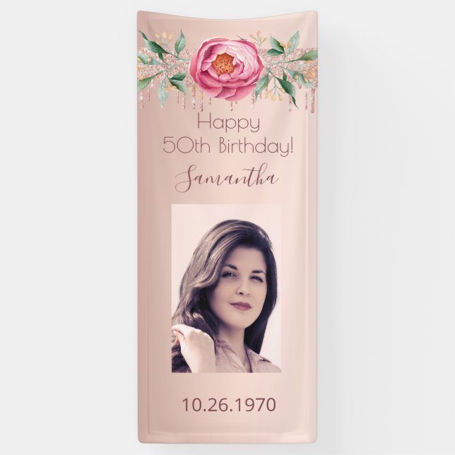 Birthday party rose gold photo glitter floral banner (Vertical)