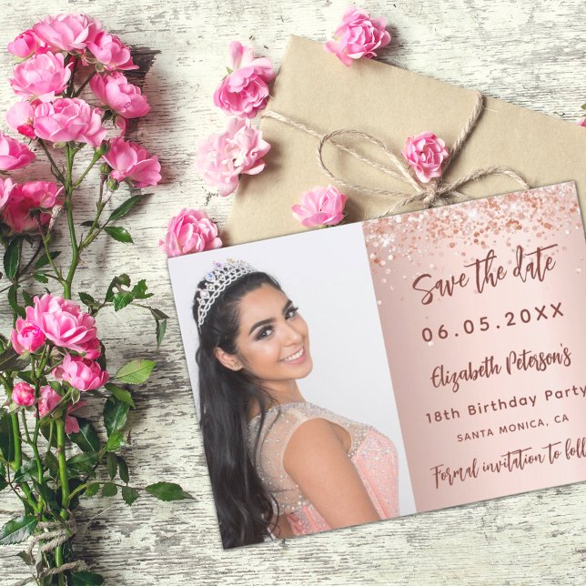 Birthday party rose gold photo script save the date (Creator Uploaded)