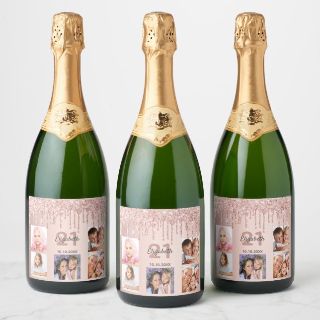 Birthday party rose gold pink drips photo sparkling wine label (Bottles)