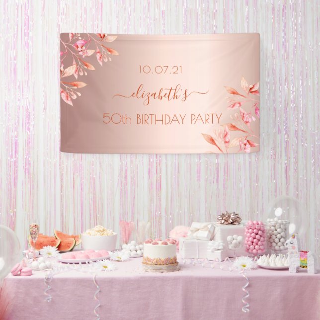 Birthday party rose gold pink florals banner (Party)