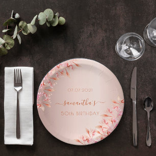 Birthday party rose gold pink florals botanical paper plate
