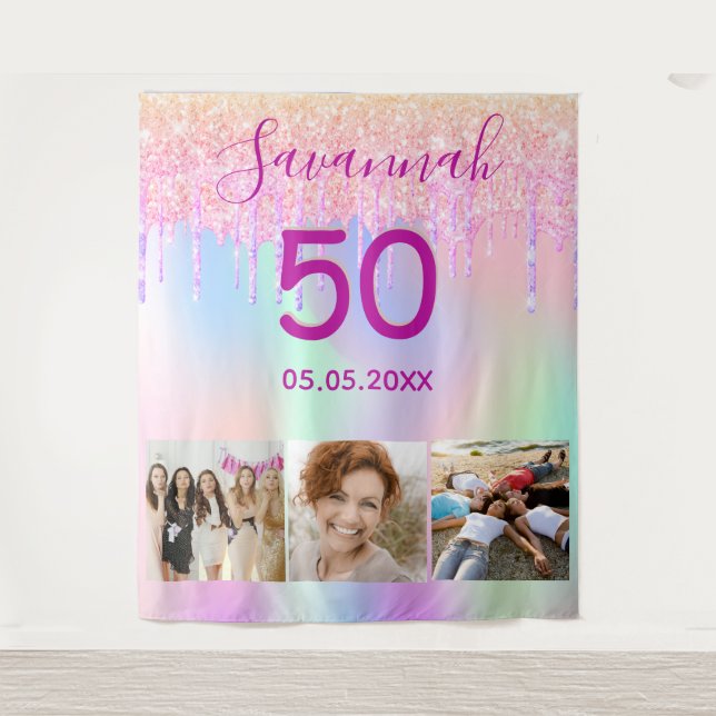 Birthday party rose gold pink glitter drips photo tapestry (Front)