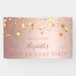 Birthday party rose gold pink golden stars name banner