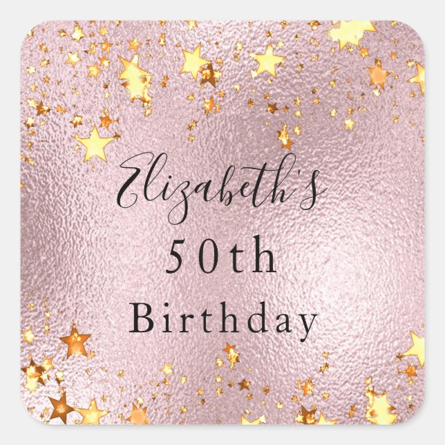 Birthday party rose gold pink stars modern chic square sticker (Front)