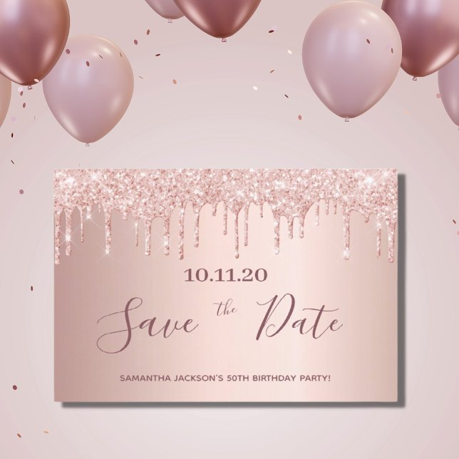 Birthday party rose gold save the date card (Creator Uploaded)
