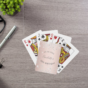 Birthday party rose gold silver glitter dust name playing cards