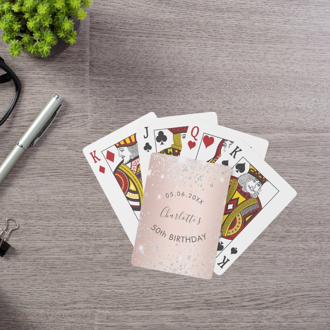 Birthday party rose gold silver glitter dust name playing cards (Creator Uploaded)