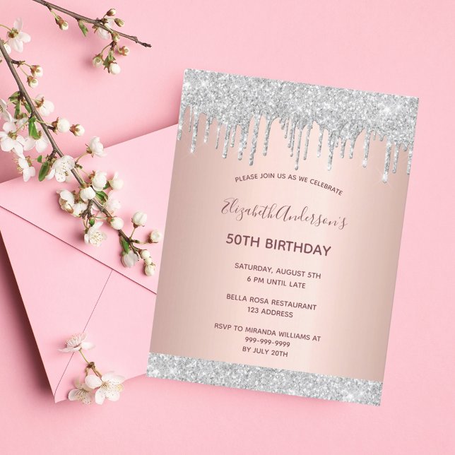 Birthday party rose gold silver glitter invitation postcard (Creator Uploaded)