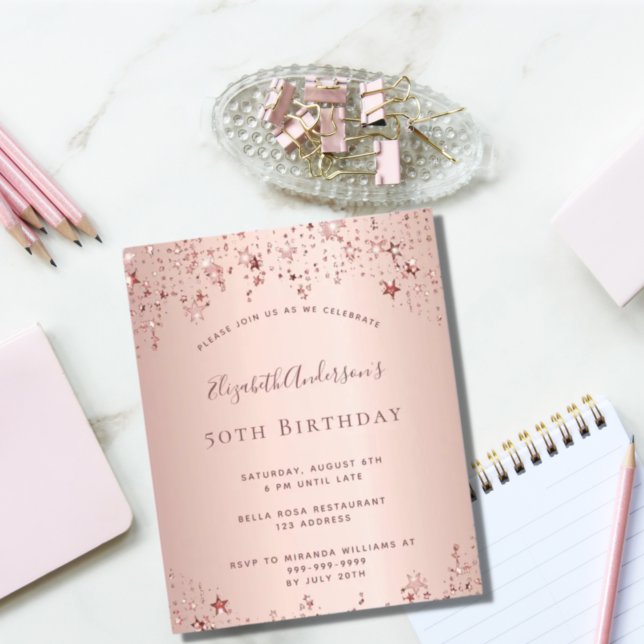 Birthday party rose gold stars budget invitation flyer (Creator Uploaded)
