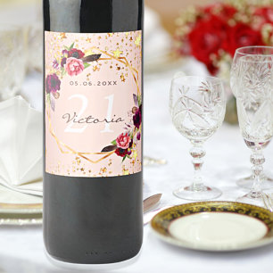 Birthday party rose gold stars burgundy florals wine label