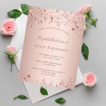 Birthday party rose gold stars glam invitation postcard<br><div class="desc">A modern, stylish and glamourous invitation for a woman's 50th (or any age) birthday party. A faux rose gold metallic looking background with an elegant faux rose gold twinkling stars. The name is written with a modern dark rose gold coloured hand lettered style script. Templates for your party details. Back:...</div>