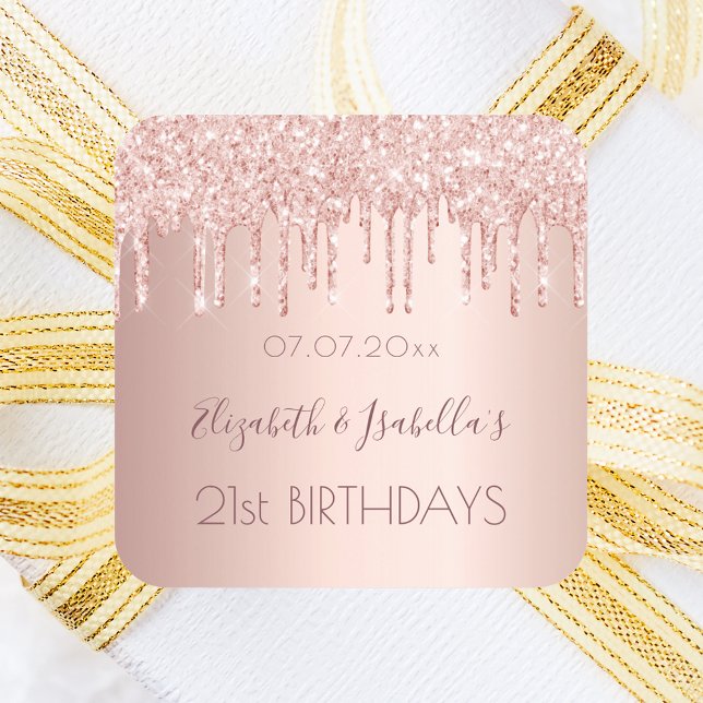 Birthday party rose gold two 2 persons square sticker (Creator Uploaded)
