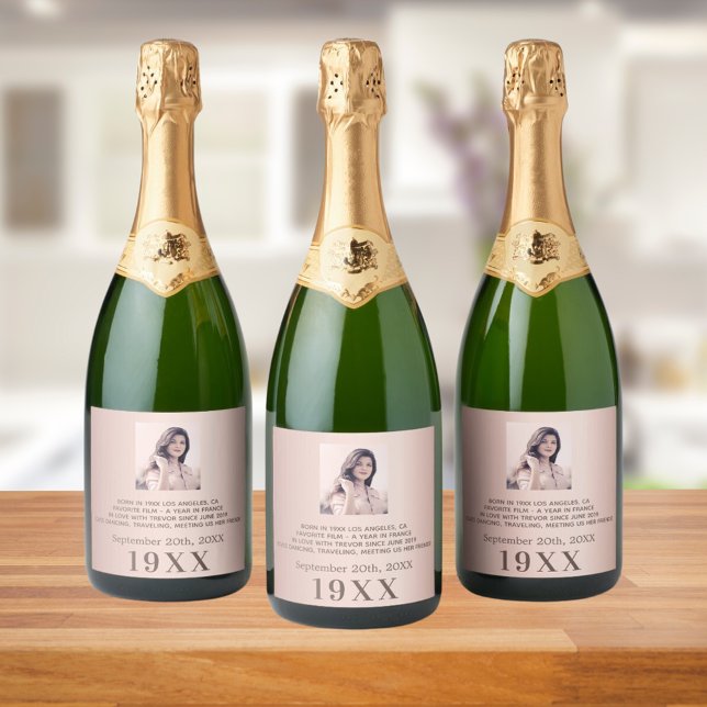 Birthday party rose gold year born photo bio sparkling wine label (Creator Uploaded)