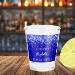 Birthday party royal blue glitter name shot glass<br><div class="desc">For a 21st (or any age) birthday. Royal blue background decorated with royal blue faux glitter,  sparkles.  Personalise and add a date,  name and age.</div>