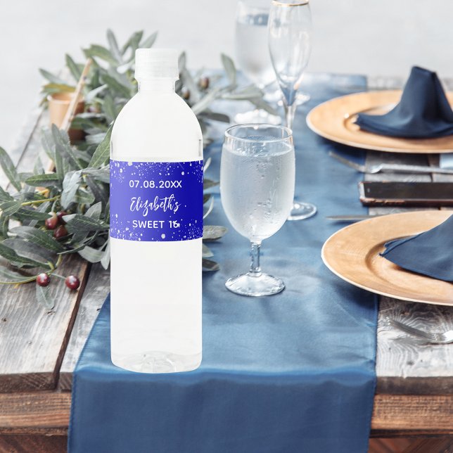 Birthday party royal blue silver sparkles water bottle label (Creator Uploaded)
