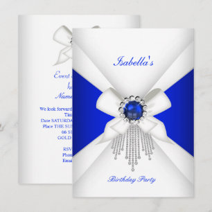 Birthday Party Royal Blue White Diamond Pearl Invitation