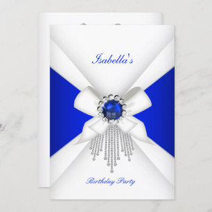 Birthday Party Royal Blue White Diamond Pearl Invitation