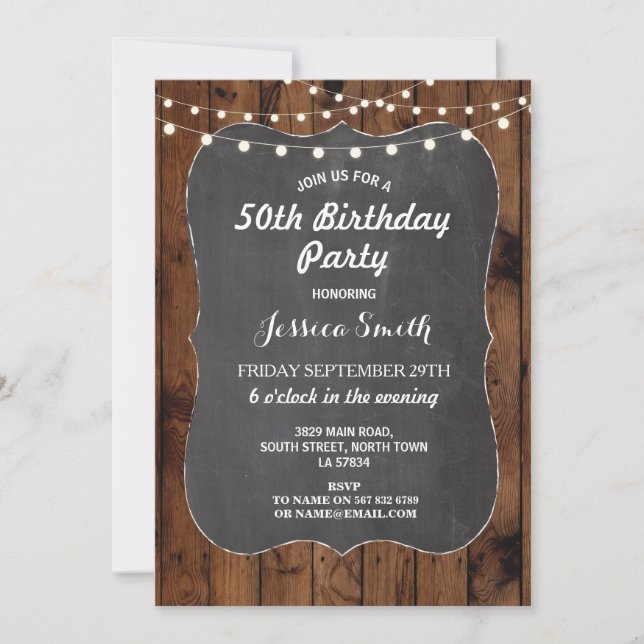 Birthday Party Rustic Lights Wood Chalk Invite (Front)