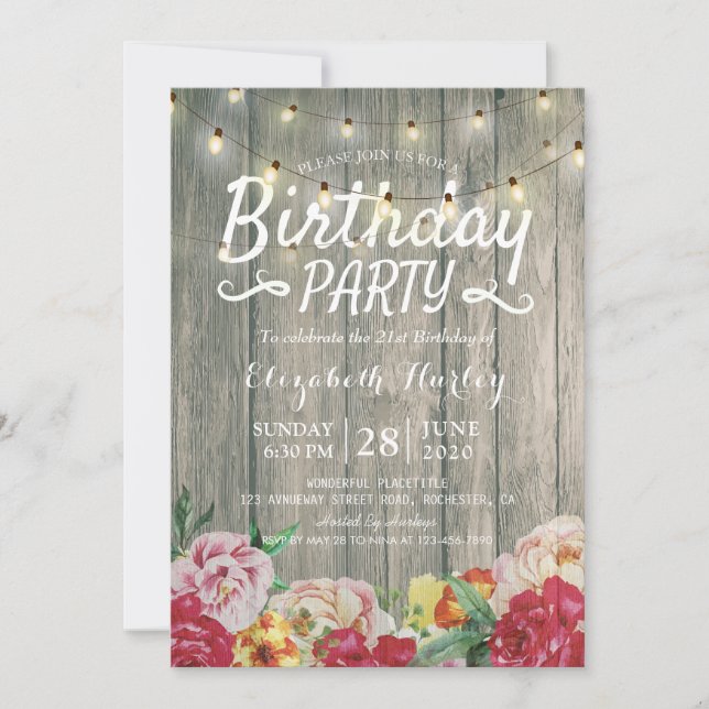 Birthday Party Rustic Wood Flowers & String Lights Invitation (Front)