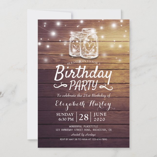 Birthday Party Rustic Wood Mason Jar String Lights Invitation (Front)
