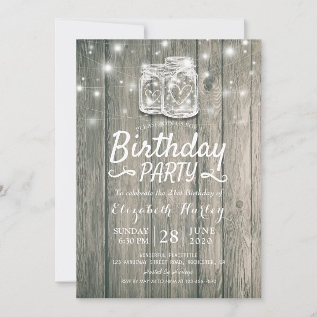 Birthday Party Rustic Wood Mason Jar String Lights Invitation (Front)