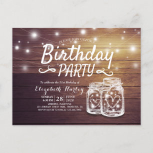 Birthday Party Rustic Wood Mason Jar String Lights Invitation Postcard