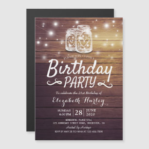 Birthday Party Rustic Wood Mason Jar String Lights Magnetic Invitation